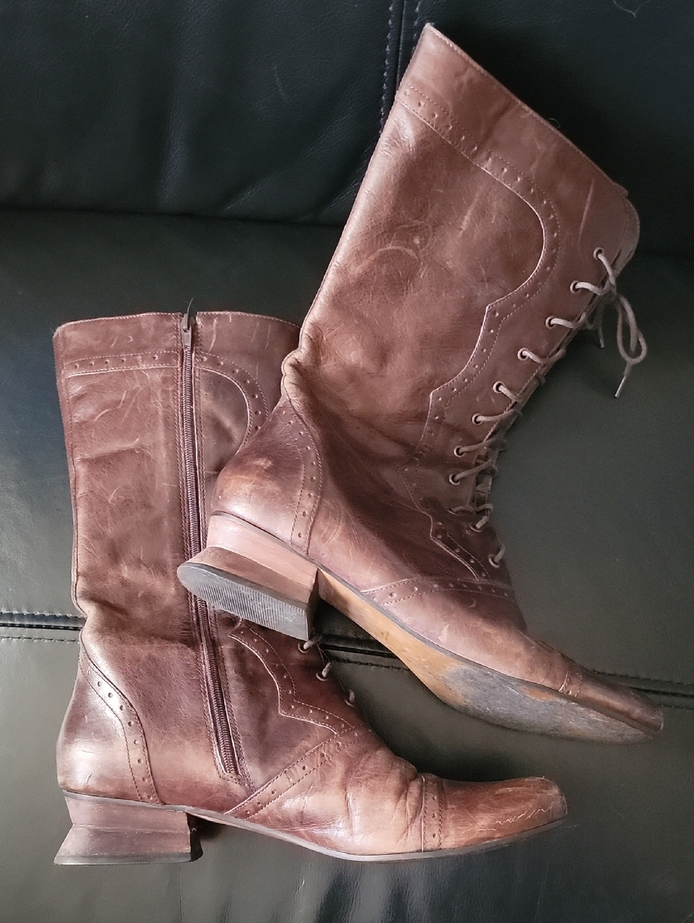 Vintage J Jill Granny Victorian Style Brown Leather Zip Up Tall Boots 10m